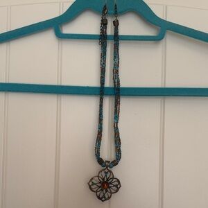 Lane Bryant Blue and Orange Beaded Necklace with Floral Pendant
